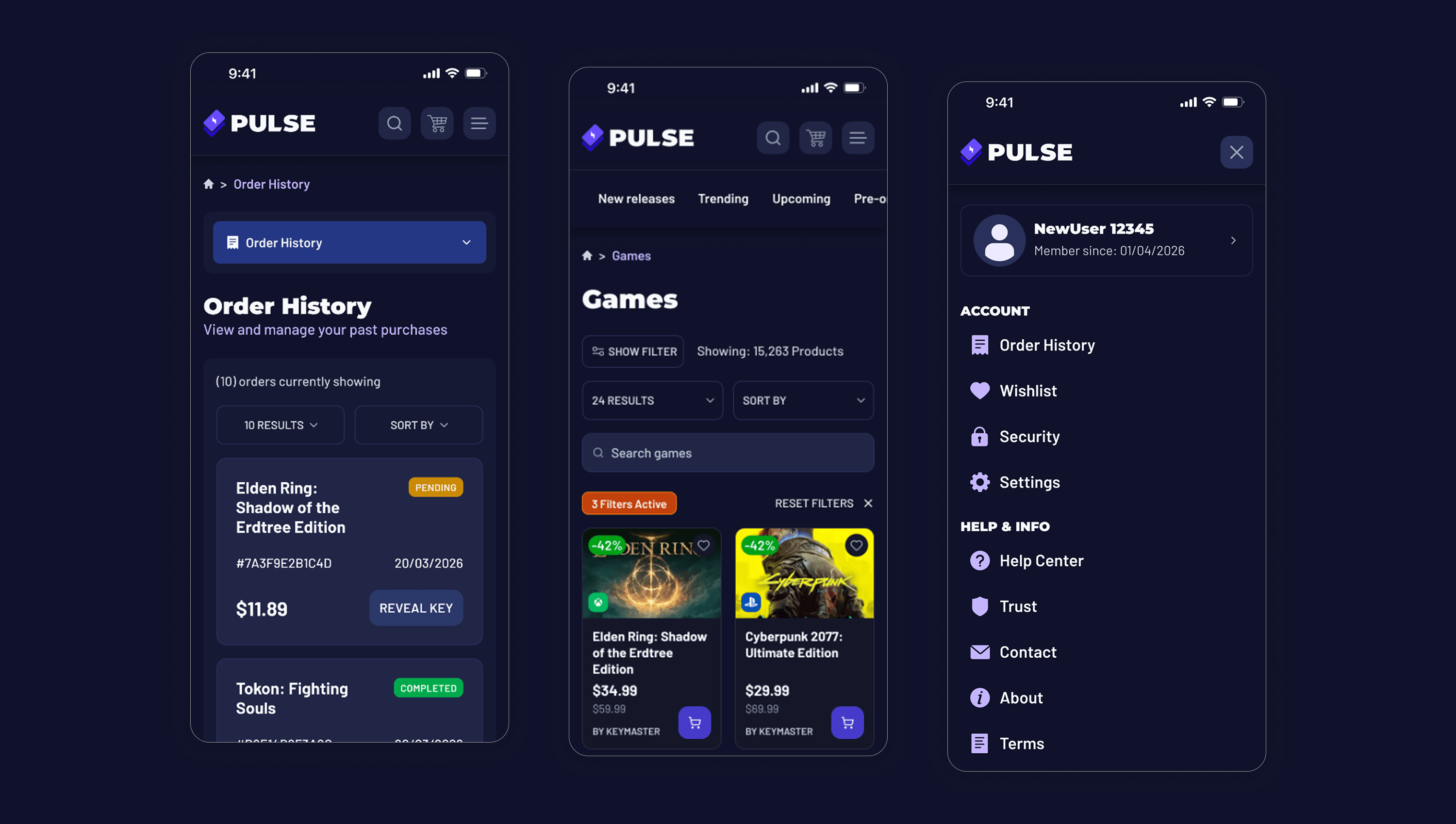 Pulse V2 account screens